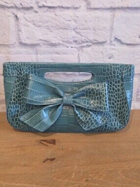 Isabella Fiore Y2K Teal Croc Bow Clutch Faux Leather